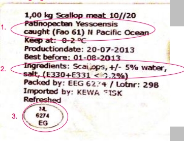 BAD LABEL. The label of a frozen product: the ingredients include water, absorbed by the scallops so as to raise its weight. From Holland