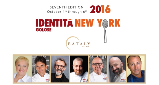 All the protagonists of the seventh edition of Identità New York: from the left to the right, Lidia Bastianich, Matthew Kenney, Massimo Bottura, Alex Atala, Franco Pepe, Niko Romito and Fortunato Nicotra