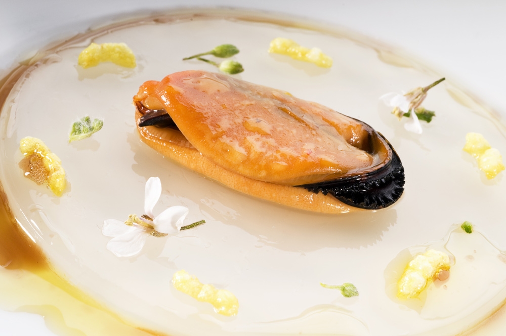 consommé gelé of mussels escabeche and crispy bomb rice