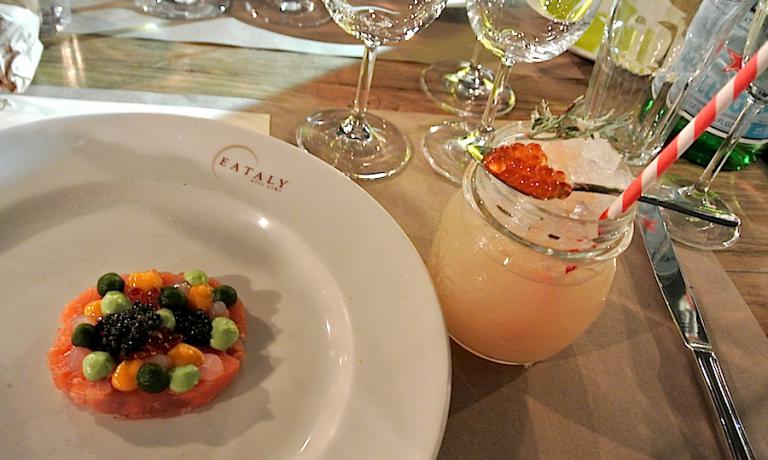 Back to the Future: Bellavista salmon with Calvisium Oscietra Royal caviar on the plate, and a Horseradish Julep Cocktail in the glass. The salmon is signed by Massimo Bottura and the cocktail by Lorenzo Cogo. All this at the Identità New York gala dinner on Saturday 11th October 2014