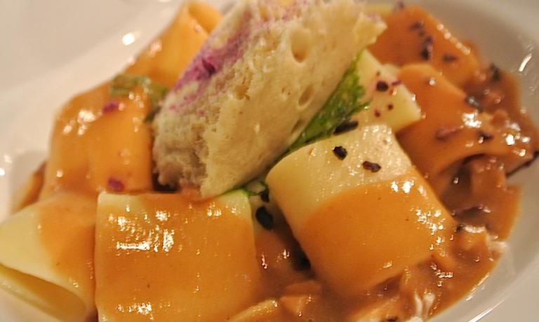 Monograno Felicetti Paccheri with sea beans and chanterelle mushrooms, the first course at the gala dinner at Identità New York 2014 on Friday October 10th. They were presented and prepared by Davide Scabin and Vitantonio Lombardo