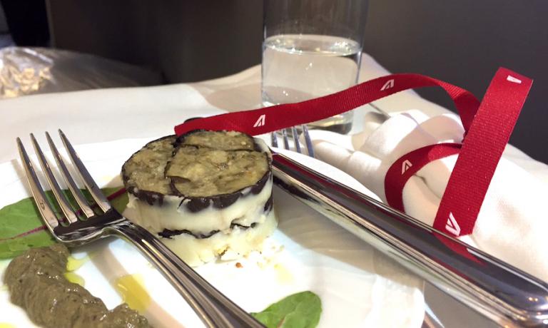 An absurd Aubergine cake, the starter in the Puglia menu served on board of the Alitalia Tokyo-Milano flight last 24th September