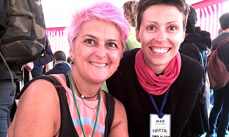 Cristina Bowerman, from Glass Hostaria in Rome, and Marta Scalabrini, patron chef in Reggio Emilia at Marta in cucina, during a lunch break at MAD5 in Copenhagen