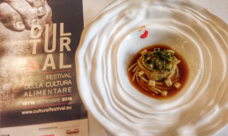 One of around 60 dishes presented during Cultural: a modern and completely vegetal take on Pasta alla Norma, by Sicilian Paolo Barrale. The chef works in Irpinia, at Marennà in Sorbo Serpico (Avellino)