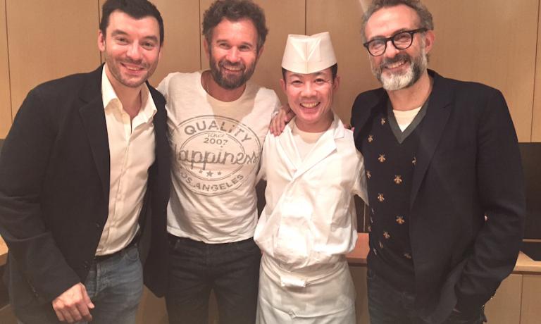 At the end of an extraordinary sushi dinner at restaurant Ootanino in Tokyo, a souvenir photo for chefs Luca Fantin (to the left), Carlo Cracco, Takayuki Otani and Massimo Bottura